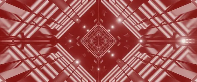 Tunnel néon rouge symétrique avec vortex diamant luminescent au centre, motif géométrique en treillis, boucle VJ cinématique 4K