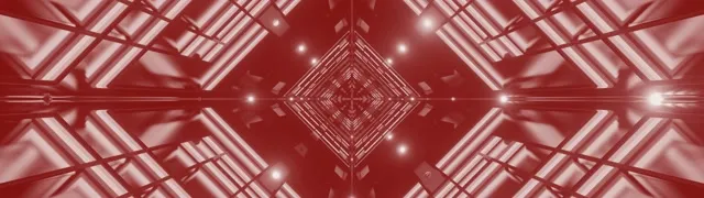 Terowong neon merah dengan pusaran berlian sepusat dan corak geometri grid, bersinar dengan titik cahaya putih dalam perspektif 3D simetri