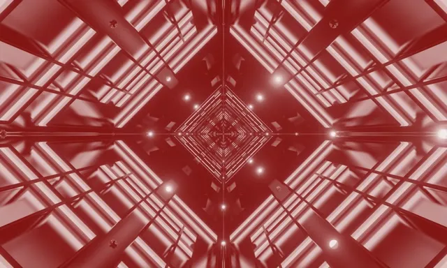 Simetrični crveni neon tunel s dijamantskim vrtlogom, rekurzivni geometrijski uzorci, sjajne bijele svjetlosti, 4K VJ petlja