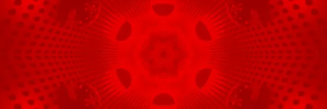 Symetrický červený neónový tunel so vzormi kaleidoskopu v tvare srdca žiariace von, vytvárajúci hypnotizujúcu abstraktnú VJ slučku