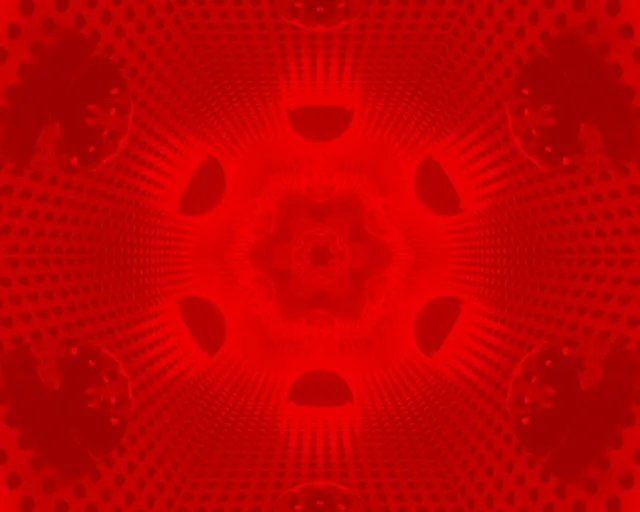 Raudonas neoniniu tunelis su radialiniu sprogimo raštu, spinduliuojantys šviesos spinduliai iš centro, abstraktus VJ ciklas