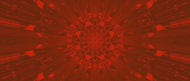 Patrwm kaleidosgop ffractal coch disglair yn ymbelydroli o'r canol, gan greu effaith tunnell neon â siapiau geometrig cymesur, loop VJ haniaethol 4K