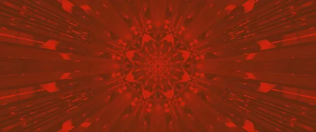 Roter Fraktal-Kaleidoskop mit strahlendem Neon-Tunnel und abstrakten Mustern, endlose VJ-Motion-Grafik