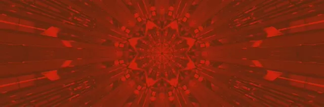 Rdeč neonski kaleidoskopski predor s simetričnimi geometrijskimi vzorci, ki sevajo od sredine, ustvarjajući učinek neskončne globine v 4K VJ zanki