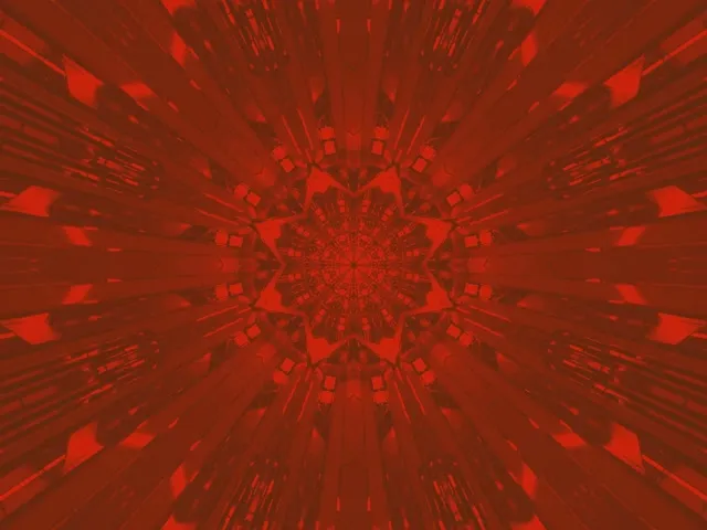 Túnel neon kaleidoscópico vermelho e carmesim em espiral com padrões geométricos simétricos em loop VJ 4:3