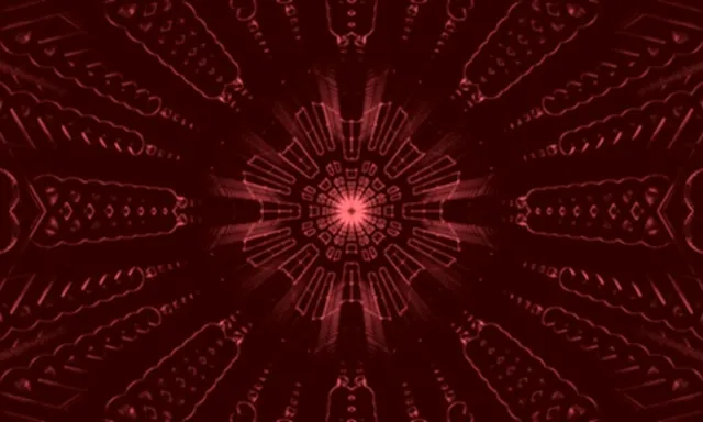نفق نيون أحمر متوهج مع نمط كاليدوسكوب متماثل، نقطة مركزية مشعة، حلقة VJ هندسية مجردة لرسومات الحركة