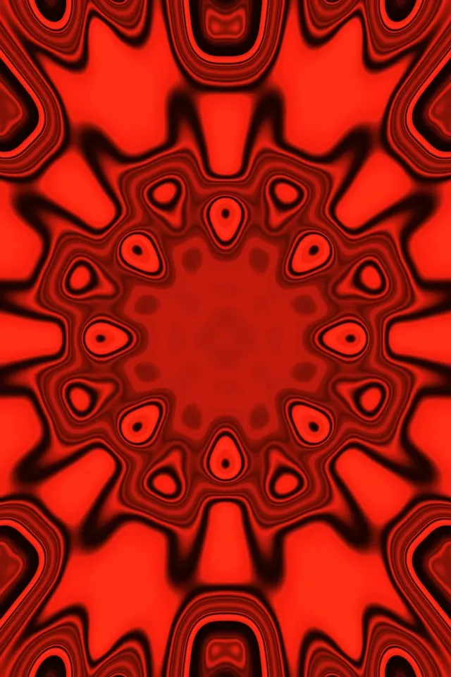 Λαμπρή κόκκινη νέον φράκταλ σήραγγα με συμμετρικό μοτίβο περισκοπίου, ομόκεντρα κυκλικά σχήματα και σκιές για βρόχο VJ
