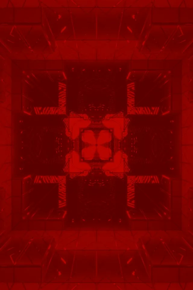 Neon tunnel geometric nyekundu angavu na muundo wa simetriki unayoflowga ndani, inayoundwa kwa VJ loop 60fps ya kupukutika kwa screensaver