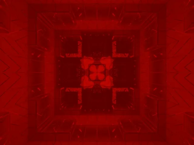 تونل نئون قرمز تیره با الگوی کالیدوسکوپ متقارن که به صورت مارپیچی به درون می‌پیچد، اثر گردابی انتزاعی فریبنده ایجاد می‌کند