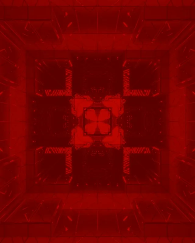 Głębokie czerwone tunele neonowe z symetrycznym krzyżowym wir, świecące kształty geometryczne, abstrakcyjna pętla VJ