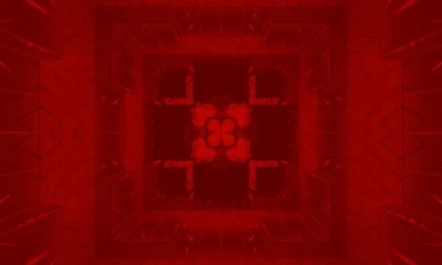 Tumšs sarkans neonus tunelis ar pulzējošu ģeometrisku virpuli vidū, rada abstraktu 3D tuneļa efektu ar simetriskiem spīdošiem rakstiem