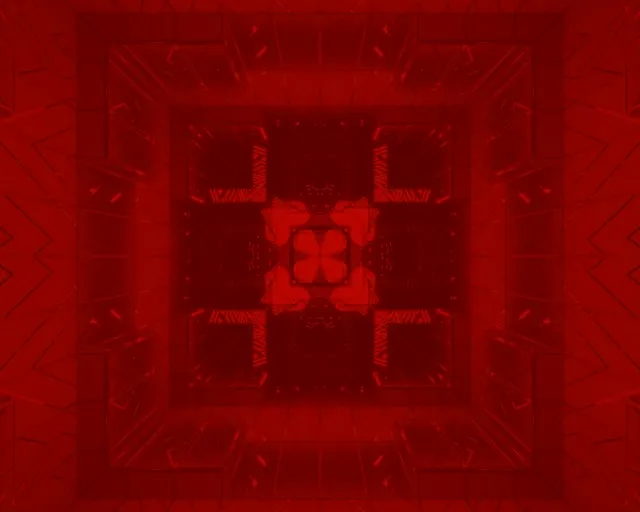 Terowongan neon merah dalam dengan pusaran kubik berdenyut, arsitektur geometris simetris hilang dalam kegelapan bercahaya, loop VJ abstrak