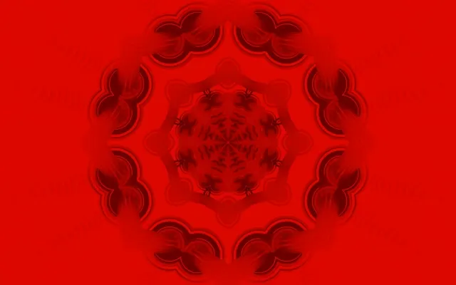 Raudona fraktalinė mandala su koncentriniais geometriniais raštais, kurie sukuria giliojo neoninio tunelio efektą ant ryščios raudonos foninės dalies. Abstrakti VJ kilpa animuotam fonui.