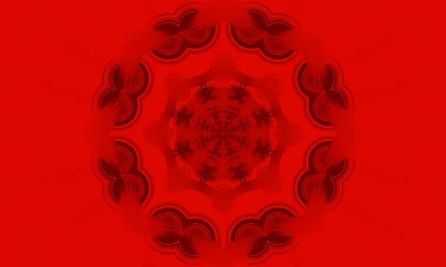 Συμμετρικό κόκκινο σχέδιο mandala με φωτεινά γεωμετρικά σχήματα ακτινοβολούντα από το κέντρο, δημιουργώντας εφέ βαθύ σήραγγας