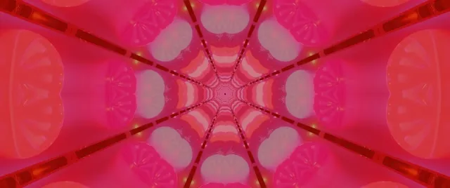 Terowong neon merah-merah jambu simetri dengan corak lingkaran kaleidoskop, bentuk geometri bercahaya memancar ke dalam, gelung VJ 4K
