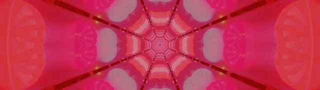 빨강과 마젠타 네온 만화경 터널이 대칭적인 기하학적 패턴으로 내부로 방사되어 최면적인 4K VJ 루프를 생성