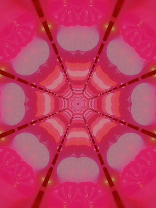 نفق نيون وردي متوهج مع أنماط شبكة فراكتلية متحدة المركز تلتف حلزونياً للداخل، مما يخلق تأثير دوامة مفتونة