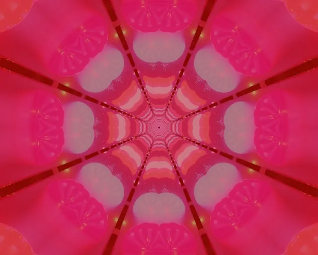 Ryški magenta neoninė tunelio su simetrišku voratinklio kaleidoskopu, koncentriniai apskritimai suartėja prie centro, gyvai rožinė-raudona geometrinė VJ kilpa 60fps