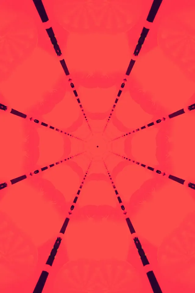 Maliwanag na pulang neon na tunel na may simetrikal na pattern ng sapot ng gagamba na umilaw mula sa gitna, ang mga madilim na putol na linya ay lumilikha ng kaleidoscope geometry, VJ loop 60fps