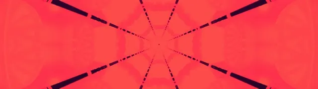 Kaleidoskop bintang neon merah dengan garisan radiasi membentuk pusaran terowong simetri, latar belakang VJ loop ultrawide 32:9