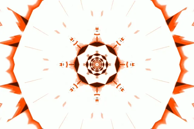 Tunel wa neon wa kaleidoskop nyekundu-chungwa na miheruko ya jiometri inayokuweka, muundo wa harakati wa lopu ya VJ wa kufikiria