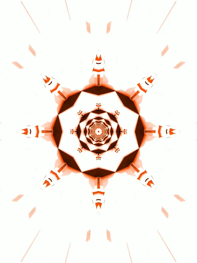 Czerwony i biały kalejdoskopowy tunel neonowy ze symetrycznymi wzorami geometrycznymi promieniującymi na zewnątrz, tworzący efekt głębokości