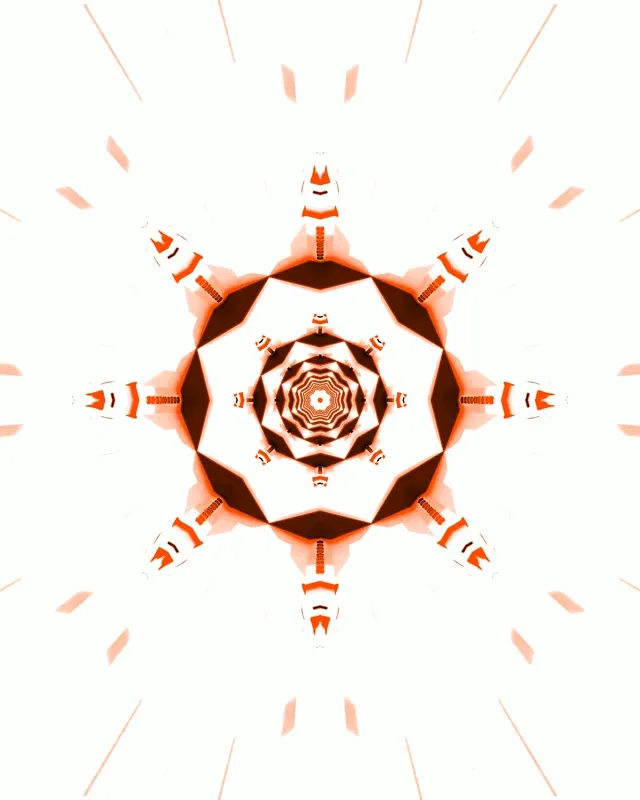 Simmetriese rooi-oranje neon kaleidoskoop tonnel met konsentriese geometriese patrone wat van die sentrum uitstraal, wat 'n oneindige diepte-effek skep.