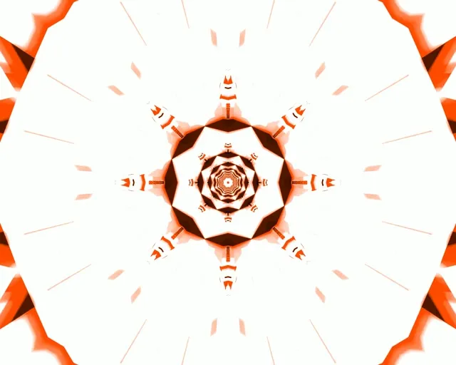 Simmetriese rooi neon-kaleidoskooptunnel met straalende oranje geometriese patrone wat spiraal na binne, wat 'n betowerende abstrakte VJ-bewegingsluslus-agtergrond skep