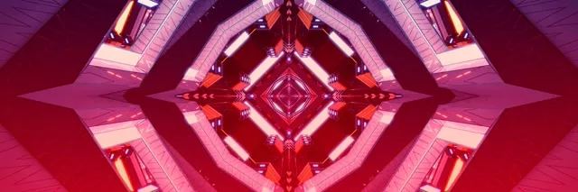 Simetrični rdeči in rožnati neonski diamantni kaleidoskopski tunel s svetečimi geometrijskimi vzorci in 3D vrtinčastim učinkom