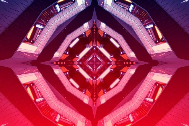 Simetrinis neono tunelis su raudona ir rožine blizgančia deimantine kaleidoskopu, 4K VJ Loop judanti foninė animacija 60fps geometrine abstrakcija