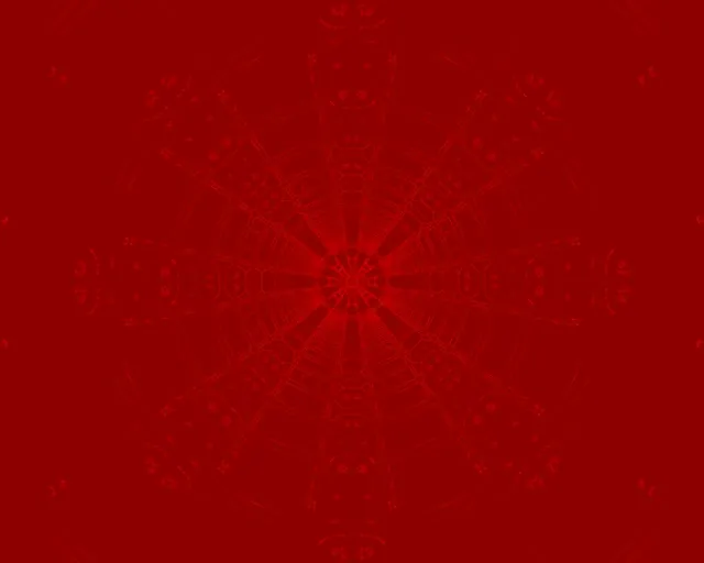 Tamsiai raudona neoninės šviesos tunelis su radialiniu kaleidoskopo mandala raštu, simetriškas geometrinis sūkurys kuriantis hipnotinį VJ ciklą