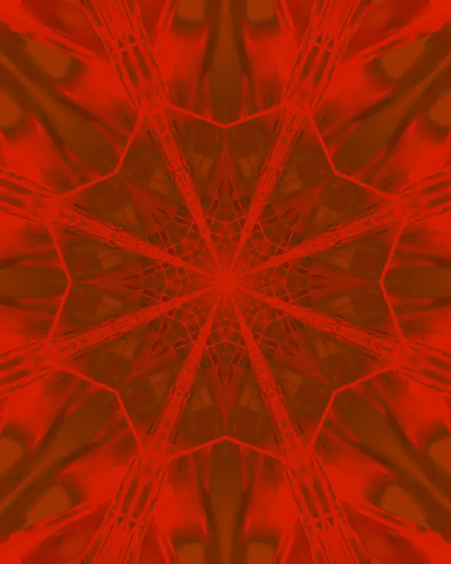 Szimmetrikus vörös és narancssárga neon-alagút fraktál-kaleidoszkóppal és sugárzó geometrikus mintázatokkal VJ hurokhoz