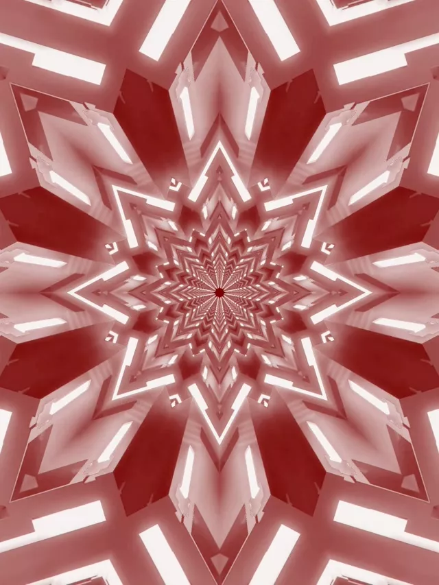 Symetryczny tunel kalejdoskopu gwiazdy neonowej czerwono-białej ze świecącymi wzorami geometrycznymi, abstrakcyjna pętla VJ tła w ruchu