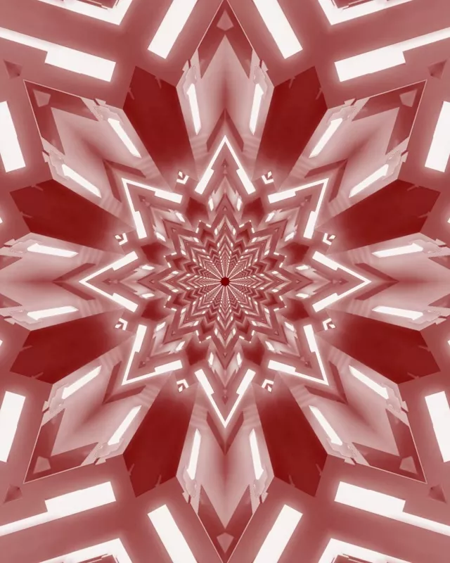 Simetriese rooi en wit neon ster kaleidoskooptunnel met skerp geometriese punte wat na binne straal en 'n hipnotiese oneindige luseffek skep
