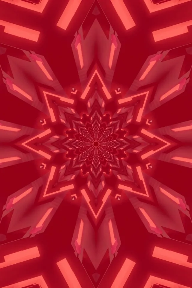 Κόκκινη και κοράλλι νέον αστέρι κάλειδοσκόπιο σήραγγα με λαμπρή γεωμετρική συμμετρία, 60fps VJ βρόχος screensaver