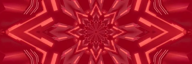 Terowongan kaleidoskop bintang neon merah simetris dengan pola geometris bercahaya dan perspektif dalam, loop VJ