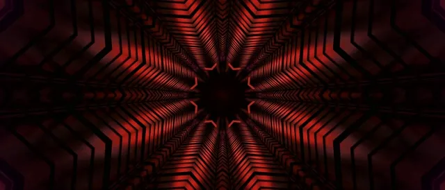 Simetrični crveni neonski zvezdani kaleidoskop tunel sa sjajnim geometrijskim uzorcima koji se šire iz centra, stvarajući hipnotičnu apstraktnu petlju kretanja