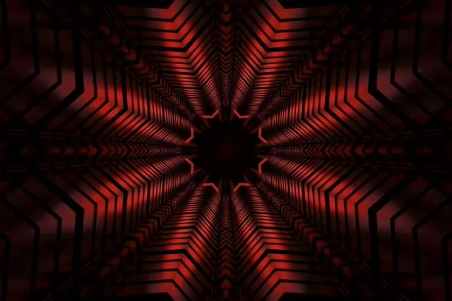 Tunel la kaleidosko la neon nyekundu na nyeusi na na kipu cha nyota kimaymaya kinachiatia nje, kinacheza mlolongo wa VJ 4K wa kuvutia