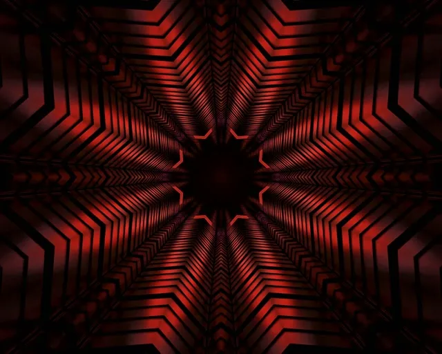 Simmetriese rooi neon-tonnel met kaleidoskoopstermotief, geometriese chevron-lyne in nywerheidsindustrie 60fps VJ loop bewegingsagtergrond