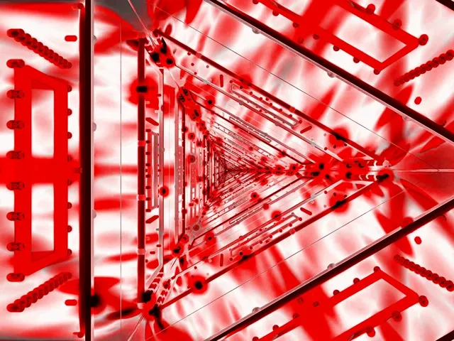 Túnel de neon triangular vermelho e branco com perspectiva de profundidade, criando um efeito de vórtice geométrico infinito