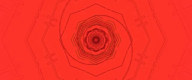 Bentuk oktagon neon merah sepusat spiral ke dalam mencipta kesan pusaran terowong dalam, gelung VJ abstrak