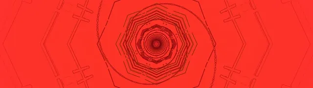 빨간색 네온 육각형 볼텍스, 내부로 나선형으로 이동하는 동심원 기하학적 패턴, 추상적인 4K 모션 루프 생성