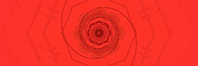 Červený neonový osemhranný vortex s koncentrickými geometrickými vrstvami vytvárajúcimi 3D efekt hĺbky pre VJ slučku