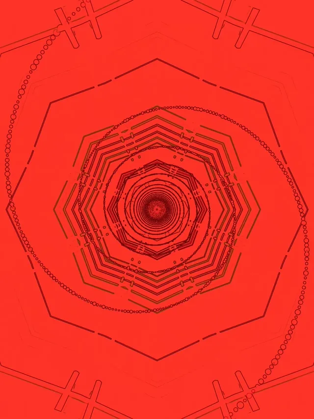 نفق نيون أحمر بدوامات ثمانية متحدة المركز تتحرك حلزونيًا للداخل، مما يخلق تأثير عمق هندسي مخدر لحلقات VJ