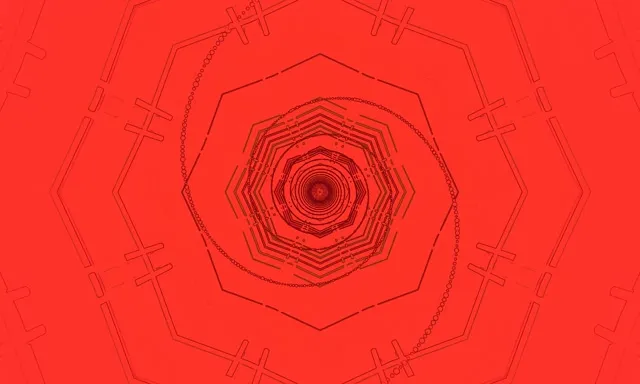 Tunel neon i kuq i thellë me forma tetëkëndësh koncentrike duke u rrotulluar drejt qendres ndritëse, duke krijuar një efekt vorteks hipnotizues për sythe VJ