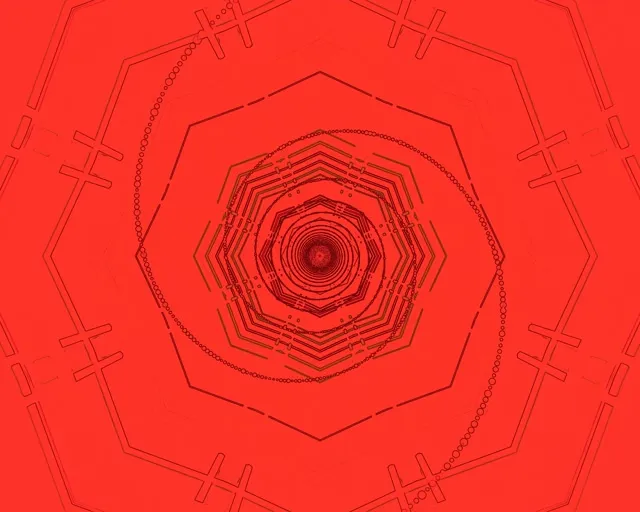 Raudonas neoninių šviestuvų aštuonkampio sūkurio tunelis su koncentriškomis geometrinėmis sluoksniais, kuriančiais 3D gylio efektą, pramonės abstrakti VJ ciklas