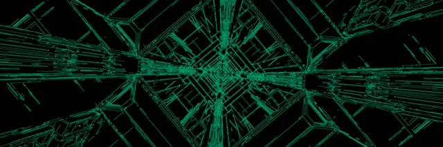 خطوط شبکه نئون سبز روشن در تونلی متقارن با چشماندازی گردابی و عمق در این حلقه VJ انتزاعی همگرا می شوند