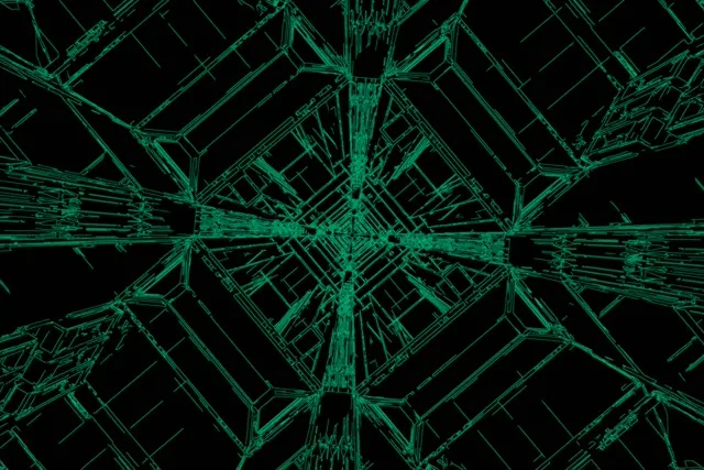 Tunel wa neon wa kijani na muundo wa gridi ya kijiometri unaozunguka ndani, unalumbisha athari ya mlipuko wa hypnotic na mistari inayongia kwenye background nyeusi, 4K VJ loop