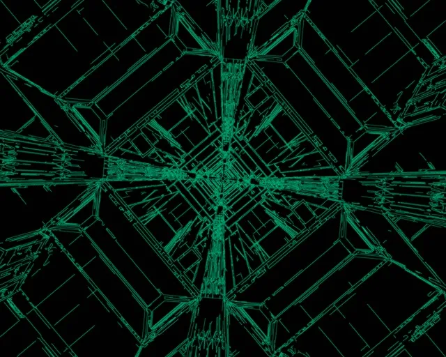 Helder groen neontunnel met geometriese rooster wat in radiale simmetrie ontplof. Abstrakte industriële VJ Loop videobaggrond met 3D werveleffek.