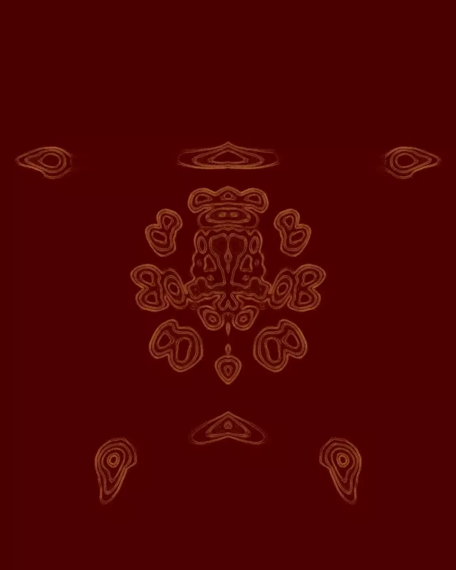 Karmazynowa mandala z koncentrycznymi liniami neonowymi i mistycznymi symbolami na ciemnoczerwonym tle, abstrakcyjna pętla VJ